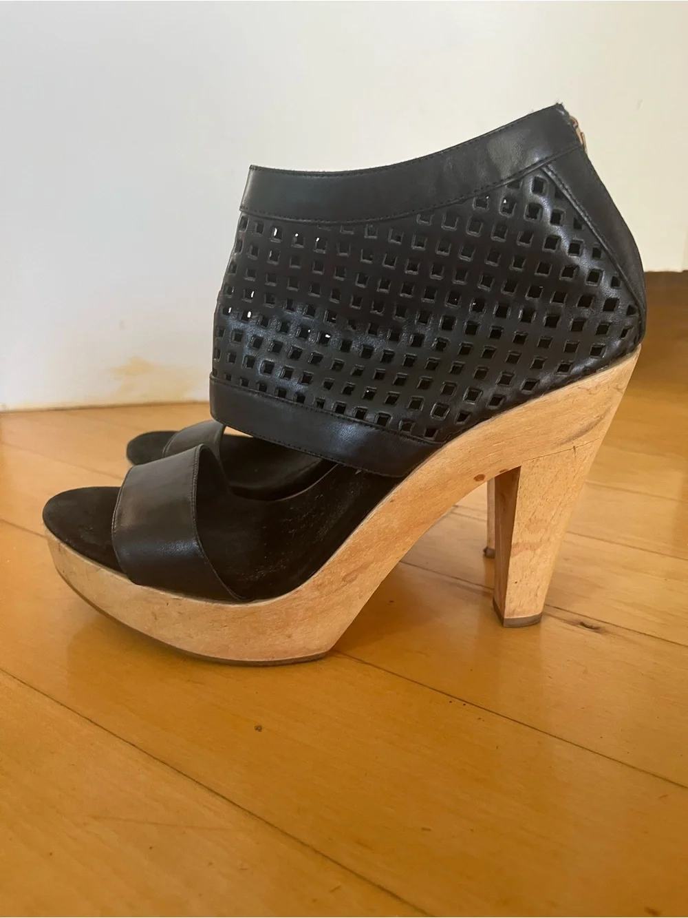 Loeffler Randall Perforated Black Leather Platform Sandal with Wooden Heels 7.5